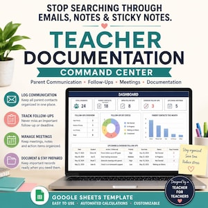 Peut inclure: Un modèle numérique de centre de commande pour la documentation des enseignants sur Google Sheets affiché sur un écran d'ordinateur portable. Le tableau de bord présente des données sur les élèves, les contacts, les suivis et les réunions.