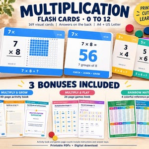 Peut inclure: Cartes flash de multiplication pour les nombres de 0 à 12, comprenant 169 cartes visuelles avec équations et réponses. Inclut un cahier d'activités de 40 pages, un livre de jeux de 24 pages et 4 affiches de référence pour les calculs.