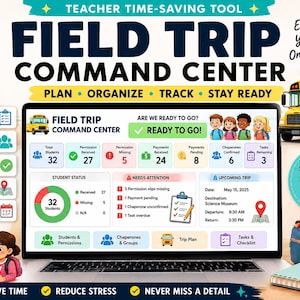 Può includere: Uno strumento digitale Google Sheets per l'organizzazione di gite scolastiche visualizzato su uno schermo di un portatile. L'interfaccia include grafici sullo stato degli studenti, permessi e pagamenti. Testo: Field Trip Command Center.