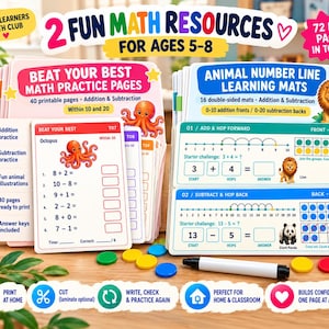 Op de afbeelding: Educatieve wiskundige bronnenset met 72 printbare PDF-pagina's. Bevat Beat Your Best wiskunde-oefenbladen met optel- en aftreksommen en leermatten met getallenlijnen, dierenillustraties en een uitwisbare stift.