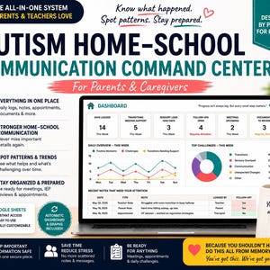 Peut inclure: Un tableau de bord numérique pour la communication école-maison sur l'autisme affiché sur un écran d'ordinateur portable. L'interface présente des suivis de données, des graphiques et des journaux. Le texte inclut "Autism Home-School Communication Command Center".