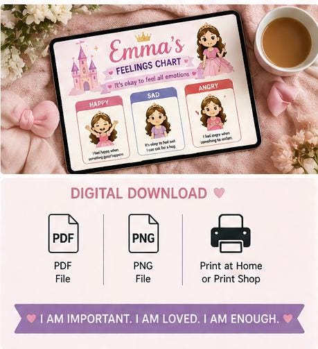 Sentiment Princess Princess Feelings Chart Printable – Personalized Girls Emotions Poster ...