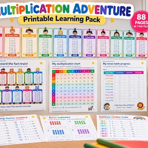 May include: A Multiplication Adventure printable learning pack featuring colorful educational posters and worksheets. The set includes times table charts, a train-themed multiplication guide, a progress tracker, and math exercises for students.