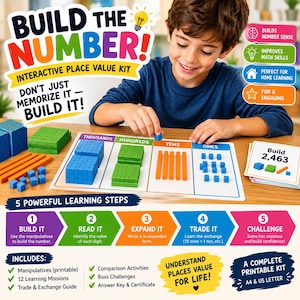 May include: An interactive place value kit titled Build the Number featuring a white mat with columns for thousands, hundreds, tens, and ones. It includes blue, green, and orange plastic blocks used as math manipulatives for building numbers.