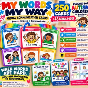 Può includere: Un set di 250 carte di comunicazione visiva intitolate My Words, My Way, con illustrazioni colorate di bambini e testo per bisogni, sentimenti e routine quotidiane. Include pagine bonus, tabelle di comunicazione e libretti di storie.