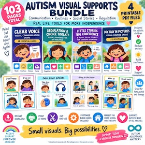 Puede incluir: Un paquete digital de 103 páginas de apoyos visuales para el autismo que incluye tarjetas de comunicación, tablas de rutinas e historias sociales. El conjunto presenta ilustraciones coloridas de niños e iconos para actividades diarias.