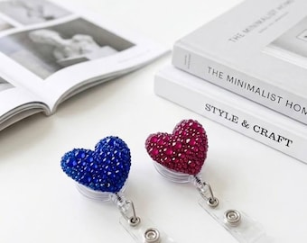 Sparkly Crystal Heart Badge Reel, Retractable Name Tag Clip, Handmade Accessory