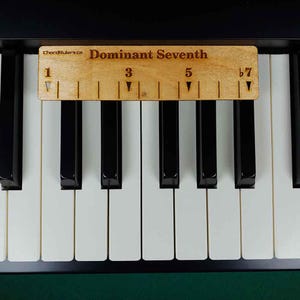 Könnte beinhalten: Ein rechteckiges Musiktheorie-Werkzeug aus Holz mit der Aufschrift Dominant Seventh, schwarzen Markierungen und den Zahlen 1, 3, 5 und b7, das horizontal auf den weißen und schwarzen Tasten eines Klaviers liegt, um Akkordintervalle anzuzeigen.
