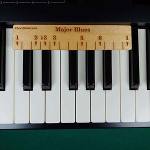 Puede incluir: Una regla de madera clara con las etiquetas Major Blues y ChordRulers.ca sobre teclas de piano blancas y negras. La regla presenta números grabados 1, 2, b3, 3, 5, 6 y 1 con flechas correspondientes que apuntan hacia abajo.