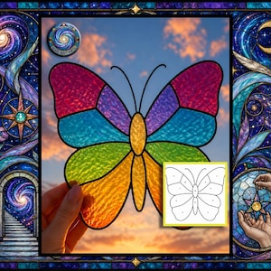 Könnte beinhalten: Ein Schmetterlings-Sonnenfänger aus Buntglas mit leuchtend regenbogenfarbenen Flügeln, strukturierter Oberfläche und schwarzen Bleilinien. Das Design umfasst einen gelben Körper und zwei Fühler. Eine kleine weiße Papiervorlage ist in der Ecke abgebildet.