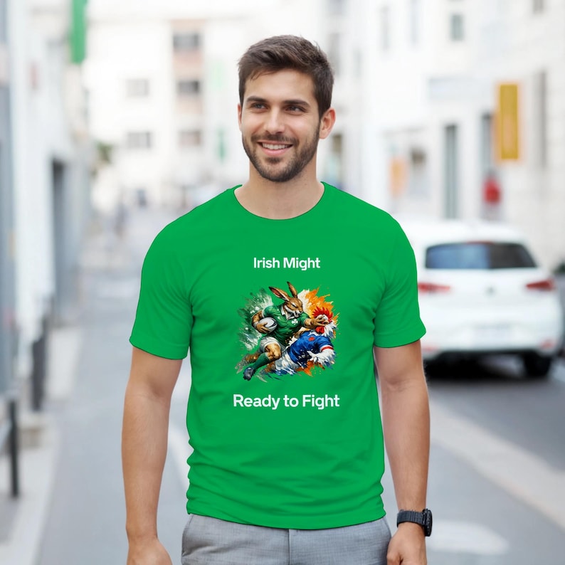 Irish Rugby Fan T-Shirt, Irish Might, Men’s Green Heavy Cotton Match Day Tee image 6