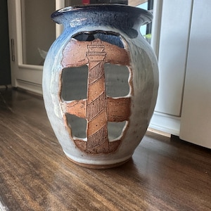 Triple C Pottery NC Handmade Stoneware Lighthouse Lantern Vase Jesus Saves