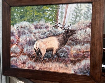 キース・ペイヴィー作、オリジナルアクリル画（雄エルク）｜サイン入り野生動物アート（16×20インチ）