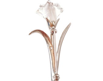 Spilla vintage Swarovski a forma di tulipano, autentica, con cigno, in metallo argentato, anni '90.