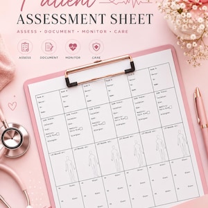 May include: A pink patient assessment sheet with the title "Patient Assessment Sheet" in a script font. The sheet includes sections for assessing, documenting, monitoring, and care. A stethoscope, pen, and flowers are in the background.