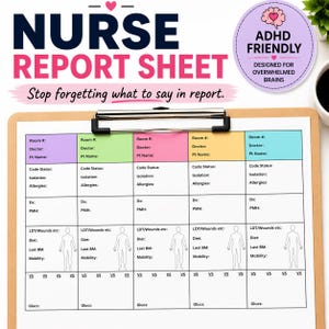 May include: A nurse report sheet on a clipboard with sections for patient details, including room number, doctor, and allergies. The sheet has the text "NURSE REPORT SHEET" and "ADHD FRIENDLY" on it.