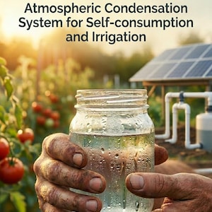May include: A clear glass jar filled with water, featuring condensation droplets on the exterior. The text reads: WATER FROM THE AIR Atmospheric Condensation System for Self-consumption and Irrigation. The background shows a garden and solar panels.