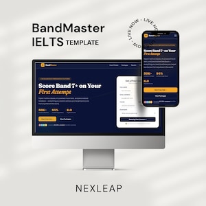 May include: A computer monitor and smartphone displaying the "BandMaster IELTS Template" interface. The interface features text that reads "Score Band 7+ on Your First Attempt" and "Get a Free Consultation". The background is dark blue.