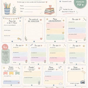 May include: A printable memory book titled "Mein Abschiedsbuch Klasse 4" with 25 pages for memories. Includes pages for friends, teachers, and future plans. Features a soft colour palette and decorative elements.