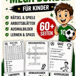 Puede incluir: Un paquete educativo colorido para niños con el texto "WM 2026 MEGA BUNDLE". Incluye rompecabezas, páginas para colorear y cuestionarios. Presenta a un niño de dibujos animados con uniforme de fútbol.
