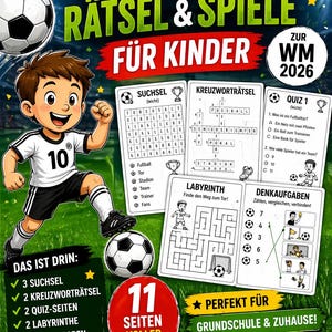 Könnte beinhalten: Ein farbenfrohes Kinder-Aktivitätsbuch mit Fußball-Thema. Das Cover zeigt einen Cartoon-Jungen in Fußballuniform, Fußbälle und Rätselseiten. Text enthält "WM 2026" und "Rätsel & Spiele für Kinder".