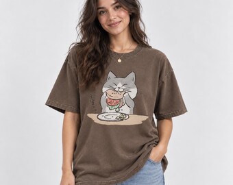ヴィンテージ風の日本の猫バーガーTシャツ、かわいいグルメTシャツ、オーバーサイズグラフィックTシャツ