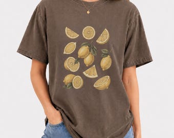 Camiseta Vintage com Estampa de Limão, Camisa Azul-Marinho com Toque Cítrico, Estilo Cottagecore Retrô de Verão