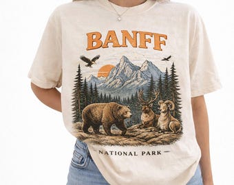 Camiseta vintage com estampa de vida selvagem do Parque Nacional de Banff, tamanho grande, estilo retrô para atividades ao ar livre.