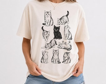 ヴィンテージ子猫スケッチTシャツ｜手描き猫イラストシャツ｜コテージコアアニマルアパレル