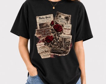 ベガスデザートナイツローズグラフィックTシャツ、オーバーサイズウォッシュドカジノトラベルシャツ