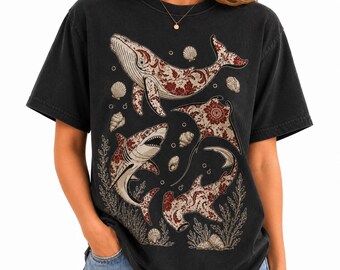 ヴィンテージ海洋生物Tシャツ、花柄サメクジラTシャツ