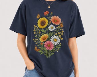 ヴィンテージ風ワイルドフラワーと蝶のグラフィックTシャツ