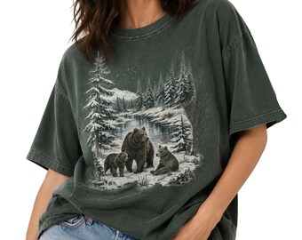 ヴィンテージベアネイチャーシャツ、森の風景グラフィックTシャツ、快適なアウトドアアパレル