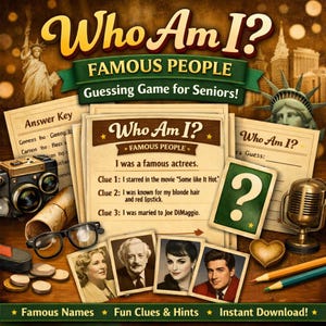 May include: A vintage-style "Who Am I? Famous People" guessing game for seniors, featuring clues and hints. The game includes cards with celebrity photos, an answer key, and a microphone graphic. Available for instant download.