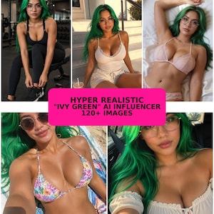May include: A digital collection of 120+ images featuring an AI-generated influencer with vibrant green hair, wearing various outfits including athletic wear, lace lingerie, and floral swimwear, with the text HYPER REALISTIC IVY GREEN AI INFLUENCER.