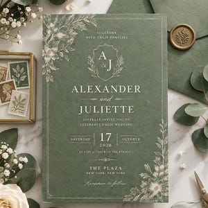May include: A sage green wedding invitation card featuring white floral illustrations in the corners and a central crest with the initials A & J. The text reads Alexander and Juliette, Saturday 17 October 2026, at The Plaza, New York, New York.