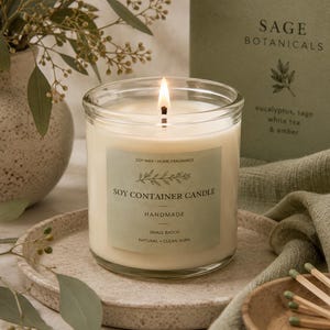 Op de afbeelding: Een brandende sojakaars in een doorzichtige glazen pot met een lichtgroen etiket met de tekst Soy Container Candle, Handmade, Small Batch, Natural + Clean Burn. De kaars staat op een getextureerd bord naast een doosje.