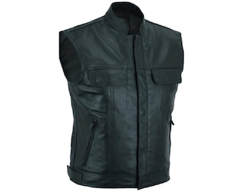 Gilet da motociclista da uomo in vera pelle nera – Senza maniche, abbigliamento streetwear da motociclista