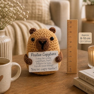 May include: A crocheted capybara figurine, approximately 3.1-3.9 inches tall, holding a sign that reads "Positive Capybara." The plush animal is brown with dark brown accents and black eyes. A wooden ruler is next to the capybara. A coffee mug and candle are also in the image.