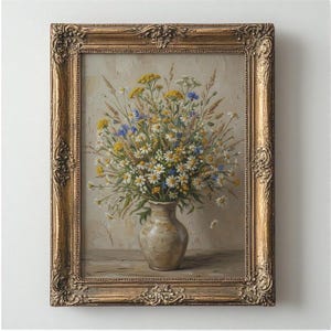 May include: An oil painting of a floral still life in a gold ornate frame. The bouquet features white daisies, yellow wildflowers, and blue cornflowers in a beige vase. The background is a neutral beige.