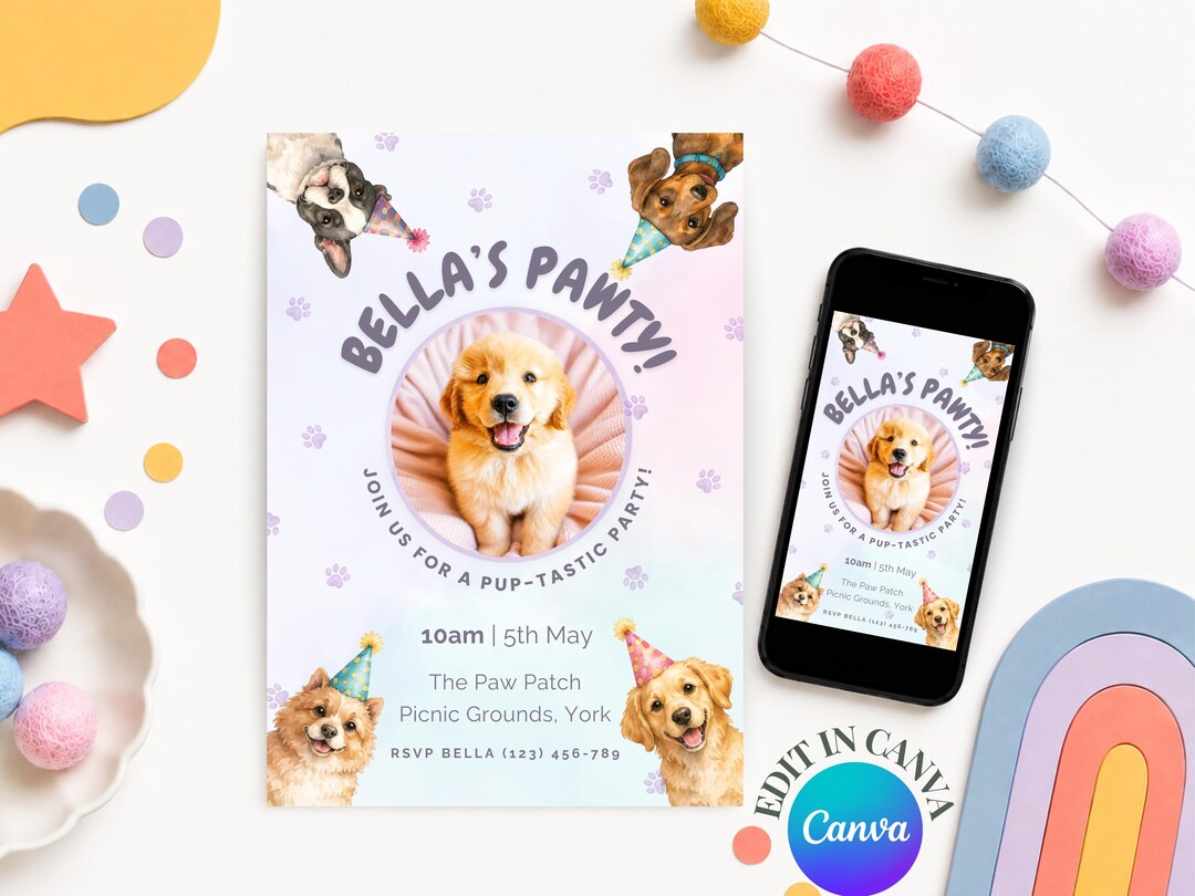 Editable Dog Birthday Invitation Canva | Puppy Pawty Party Template ...