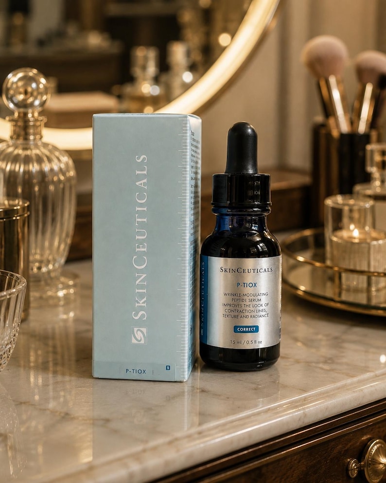 May include: A skincare product set featuring a dark blue glass bottle with a dropper and a matching box. The bottle and box display the "SkinCeuticals" brand name and product information. The bottle contains 15 ml / 0.5 fl oz of serum.