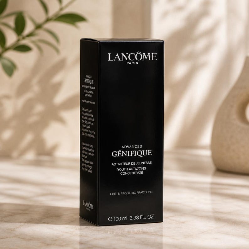 Pu&ograve; includere: Una scatola nera di Lanc&ocirc;me G&eacute;nifique Youth Activating Concentrate. La scatola ha un testo bianco che recita "ADVANCED G&Eacute;NIFIQUE" e "ACTIVATEUR DE JEUNESSE YOUTH ACTIVATING CONCENTRATE". Contiene 100 ml di prodotto.