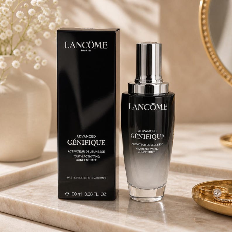 Pu&ograve; includere: Una bottiglia e una scatola nere e argentate di Lanc&ocirc;me Advanced G&eacute;nifique Youth Activating Concentrate. La scatola e la bottiglia hanno il logo e il nome del prodotto Lanc&ocirc;me. La bottiglia &egrave; da 100 ml. Il prodotto &egrave; un siero con frazioni pre e probiotiche.