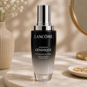 Pu&ograve; includere: Una bottiglia nera e argento di Lanc&ocirc;me Advanced G&eacute;nifique Youth Activating Concentrate. La bottiglia ha un design sfumato, che passa dal nero al trasparente. Il prodotto &egrave; esposto su una superficie di marmo, con un vaso di fiori bianchi e uno specchio sullo sfondo.