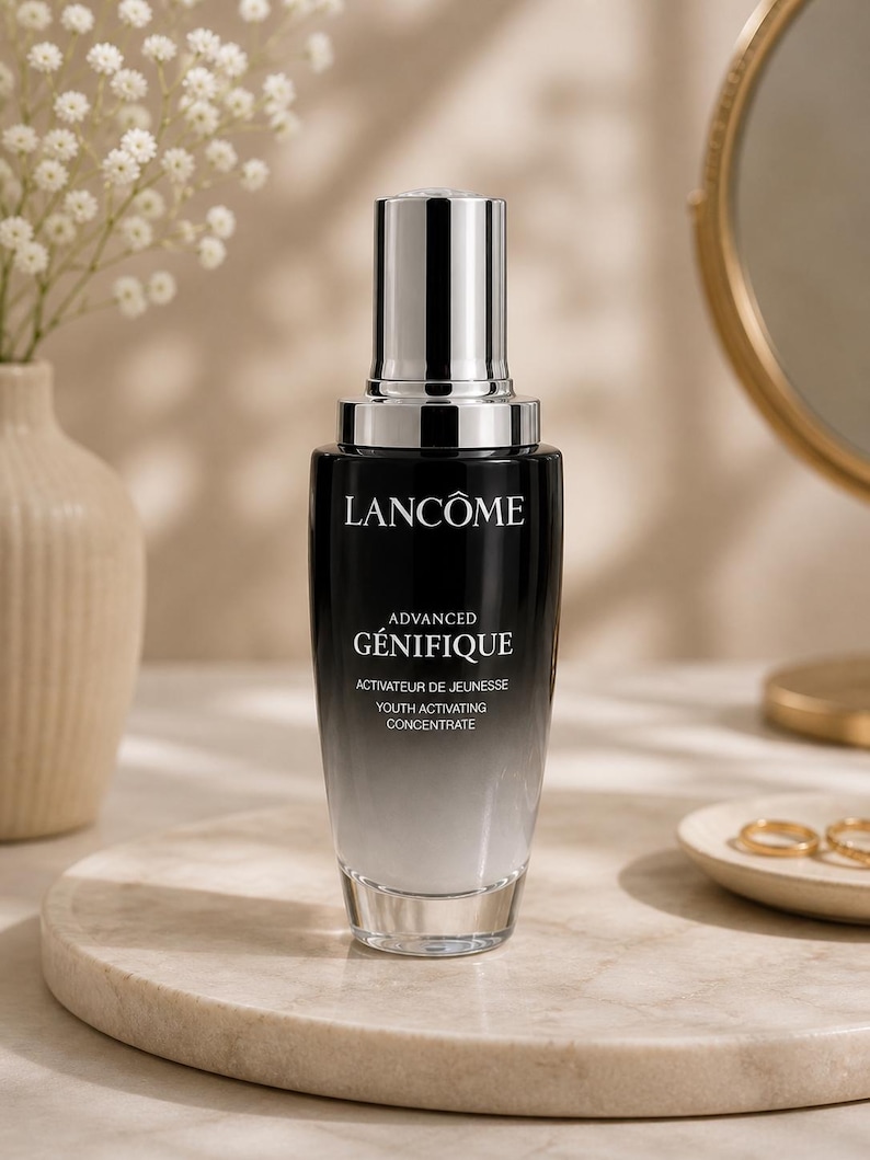 Pu&ograve; includere: Una bottiglia nera e argento di Lanc&ocirc;me Advanced G&eacute;nifique Youth Activating Concentrate. La bottiglia ha un design sfumato, che passa dal nero al trasparente. Il prodotto &egrave; esposto su una superficie di marmo, con un vaso di fiori bianchi e uno specchio sullo sfondo.