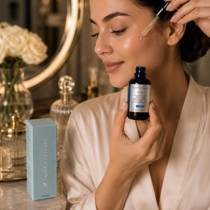 May include: A woman applying serum from a dark blue bottle with a dropper. The bottle has a white and blue label with text. A light blue box with the text "SKINCEUTICALS" is on the counter. The woman is wearing a white robe.