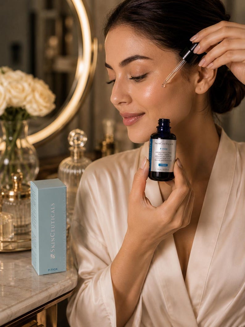 May include: A woman applying serum from a dark blue bottle with a dropper. The bottle has a white and blue label with text. A light blue box with the text "SKINCEUTICALS" is on the counter. The woman is wearing a white robe.