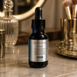 May include: A dark blue skincare serum bottle with a black dropper. The label reads "P-TIOX" and "WRINKLE-MODULATING PEPTIDE SERUM" with text about improving skin texture and radiance. The bottle contains 15 ml / 0.5 fl oz.