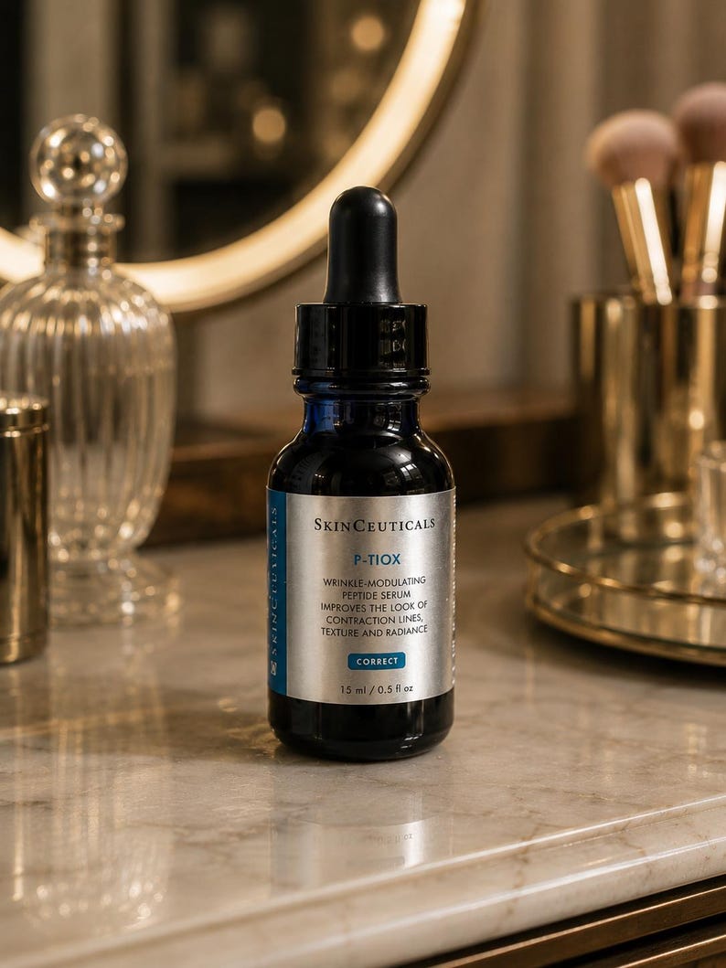 May include: A dark blue skincare serum bottle with a black dropper. The label reads "P-TIOX" and "WRINKLE-MODULATING PEPTIDE SERUM" with text about improving skin texture and radiance. The bottle contains 15 ml / 0.5 fl oz.